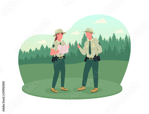 Environmental police 2D vector web banner, poster. Forest protection. Ranger instructor. Police officers flat characters on cartoon background. Law enforcement printable patch, colorful web element