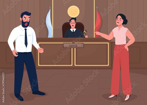 Law court session flat color vector illustration. Lawsuit verdict. Lawyer investigate crime. Official judgement. Attorney, judge and prosecutor 2D cartoon characters with courthouse on background