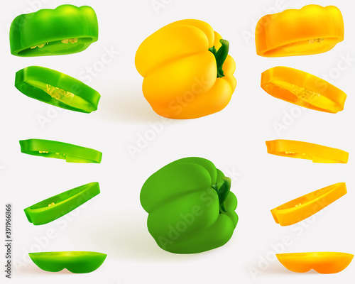 Hungarian pepper, realistic sweet papper. Capsicum habanero colorful paprika isolated on light background.