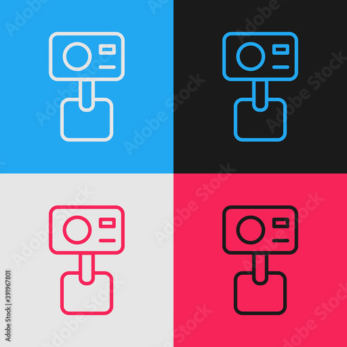 Pop art line Action extreme camera icon isolated on color background. Video camera equipment for filming extreme sports. Vector.