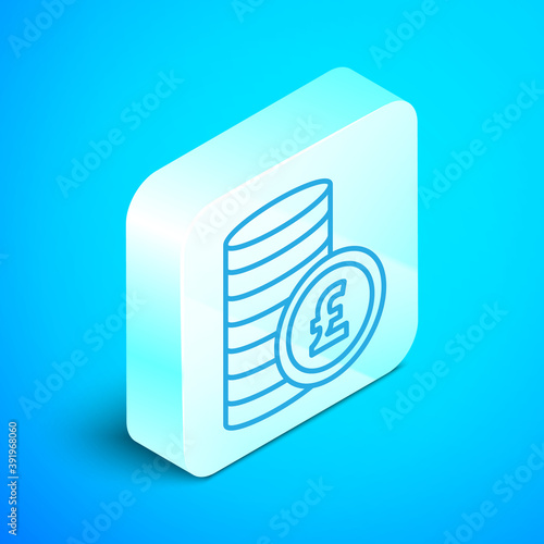 Isometric line Coin money with pound sterling symbol icon isolated on blue background. Banking currency sign. Cash symbol. Silver square button. Vector.