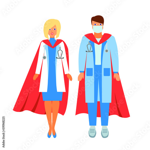 Doctors as superheroes in red capes, vector illustration