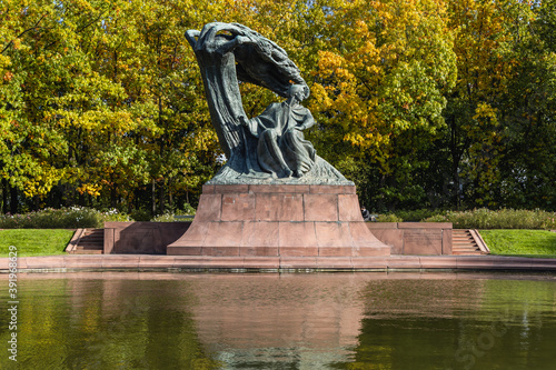 Autumnal view on the monument of Fryderyk Chopin in Lazienki Park - Royal Baths Park in Warsaw, capital of Poland