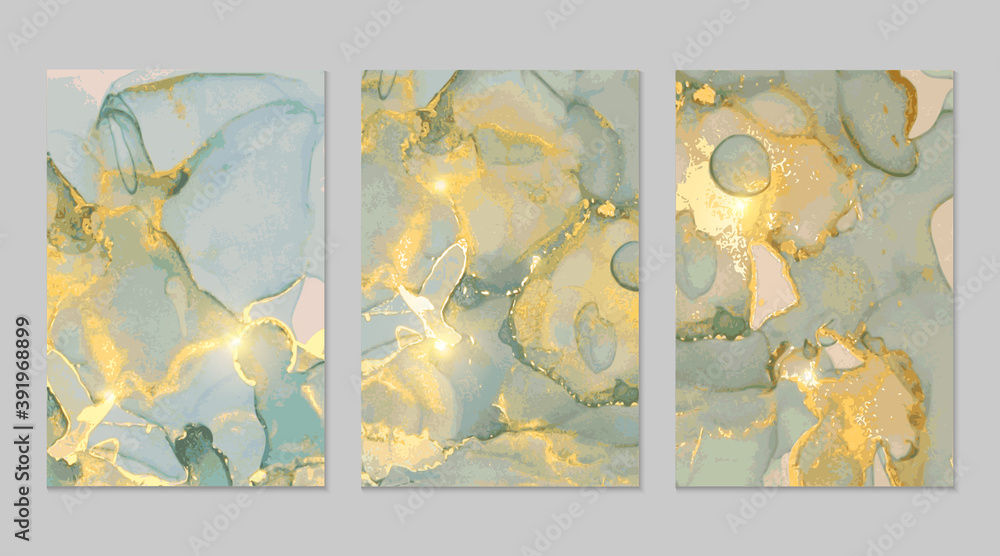 Blue, grey, gold marble abstract backgrounds. Set of alcohol ink technique vector stone textures. Modern paint in natural colors with glitter. Template for banner, poster design. Fluid art painting