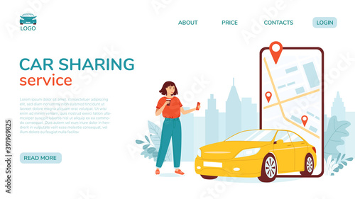 Young happy woman stands with coffee and a mobile phone. Concept of a start page, a landing page for a car sharing application, a fast online taxi search, car rental in the city. Vector illustrations