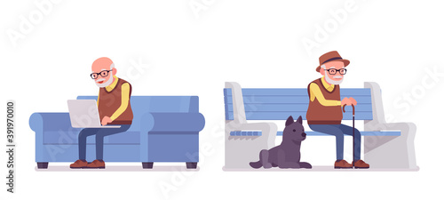 Old man, elderly person sitting on bench with laptop, pet dog. Senior citizen, retired grandfather wearing glasses, old pensioner. Vector flat style cartoon illustration isolated on white background
