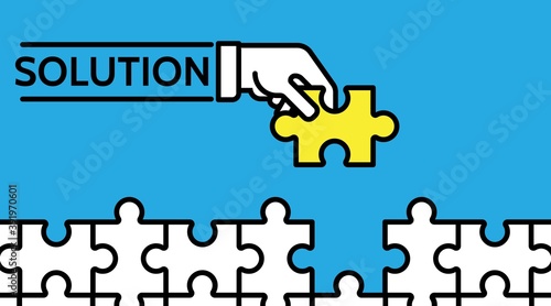 Hands holding two jigsaw puzzle pieces together to find a solution. Flat concept design vector illustration