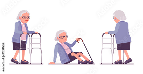 Old woman, elderly person with medical walker, cane slippery. Senior citizen, retired grandmother in glasses, old pensioner, grandma. Vector flat style cartoon illustration isolated, white background