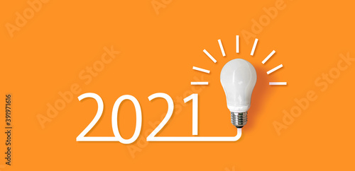 happy new year 2021. year 2021 with llightbulb. creativity inspiration ,planning ideas concept
