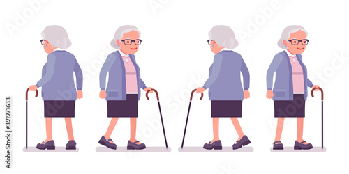 Old woman, elderly person with walking cane. Senior citizen, retired grandmother wearing glasses, old age pensioner, lonely grandma. Vector flat style cartoon illustration isolated on white background