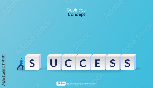 Businessman pushing block dice with text success vector illustration. Business symbol