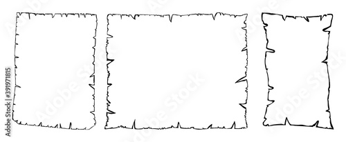 Parchment outline vector collection, Set of old paper sheets contour isolated on white background. Illustration of empty ripped grunge page shapes. Damaged papyrus texture. Eps 10
