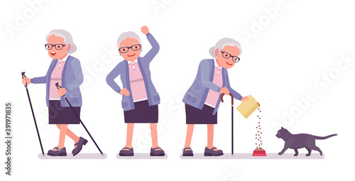 Old man, elderly person with nordic walking poles, cat. Senior citizen, retired grandmother wearing glasses, old pensioner, grandma. Vector flat style cartoon illustration isolated, white background