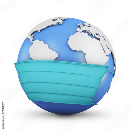 Globe in a protective mask on a white background. 3D rendering.