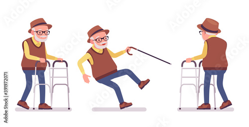 Old man, elderly person with medical walker, cane slippery. Senior citizen, retired grandfather in glasses, old pensioner, grandpa. Vector flat style cartoon illustration isolated, white background