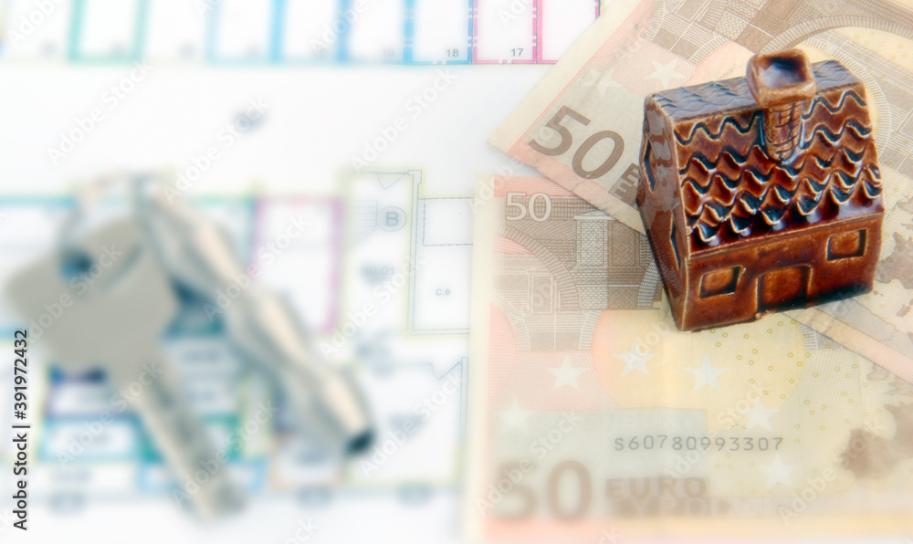 Small house, paper money, plan, ruler - architect equipment to build new home. Small house, paper money, plan, ruler - architect equipment to build new home.