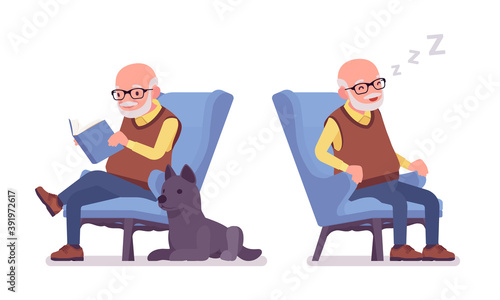 Old man, elderly person resting in armchair, sleeping, reading book. Senior citizen, retired grandfather in glasses, old pensioner. Vector flat style cartoon illustration isolated on white background