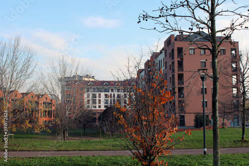 Parco di Milano in inverno con case