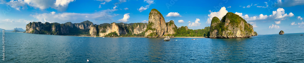 Railay Beach panoramic aerial view, Thailand. It is a small peninsula between the city of Krabi and Ao Nang