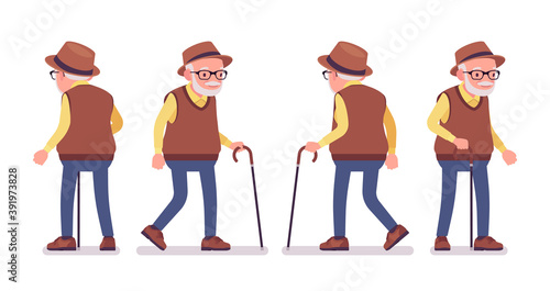 Old man, elderly person with walking cane. Senior citizen, retired grandfather wearing glasses, old age pensioner, lonely grandpa. Vector flat style cartoon illustration isolated on white background