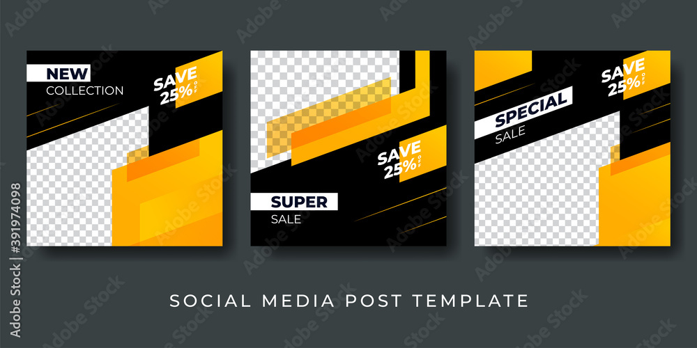 Social media post design template. suitable for fashion, gym, adventure, business, sale. vector illustration black and yellow trendy color with photo college space. - obrazy, fototapety, plakaty 
