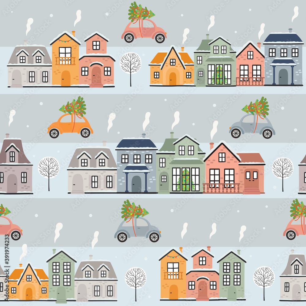 Seamless pattern with houses and cars in winter time. Vector illustration