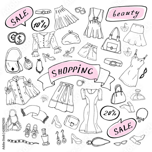 Hand drawn set of fashionable clothes shoes and accessories. Set of doodles of clothes, bags and shoes. Fashion sketches. Jewelry collection. Casual style. Fashion doodles. Clothes sketches. 