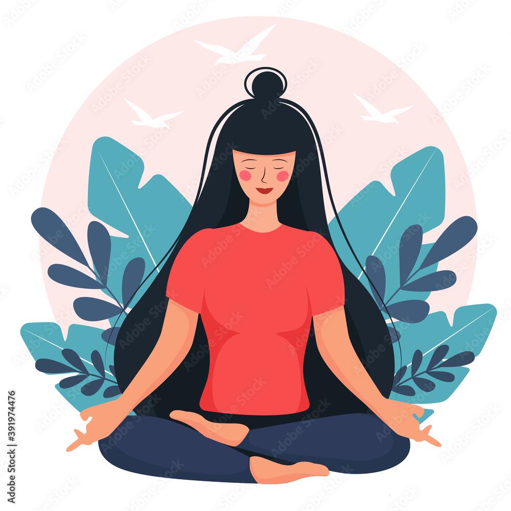 girl in lotus position meditates at home. flat style vector illustration
