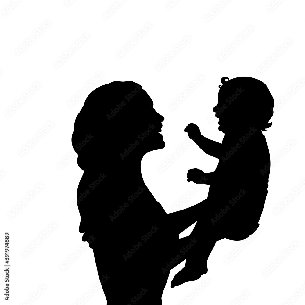 Silhouette happy mother holding newborn baby closeup