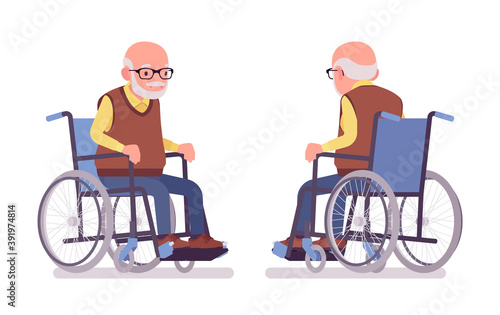 Old man, elderly person sitting in a wheelchair. Senior citizen, retired grandfather wearing glasses, old pensioner, lonely grandpa. Vector flat style cartoon illustration isolated on white background