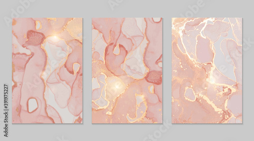 Rose, peach, gold marble abstract backgrounds. Set of alcohol ink technique vector stone textures. Modern paint with glitter. Template for banner, poster design. Fluid art painting