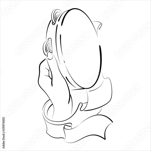 Hand holds tambourine engraving vector illustration. Hand draw style imitation. Hand playing tambourine with ribbons vector illustration