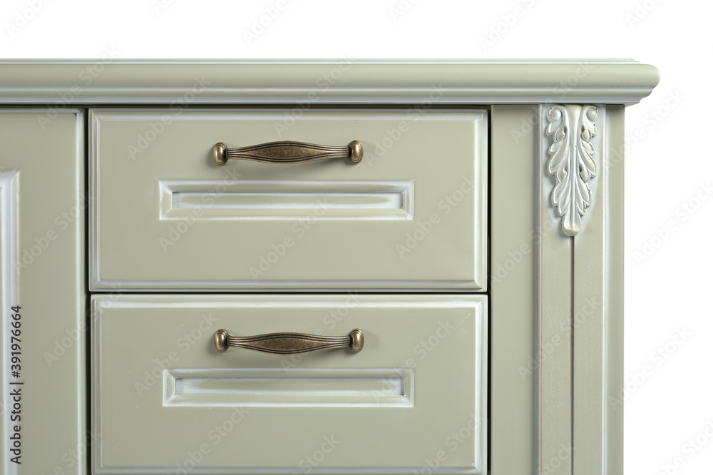 Fototapeta premium vintage chest of drawers in classic style with carved elements olive color on a white background