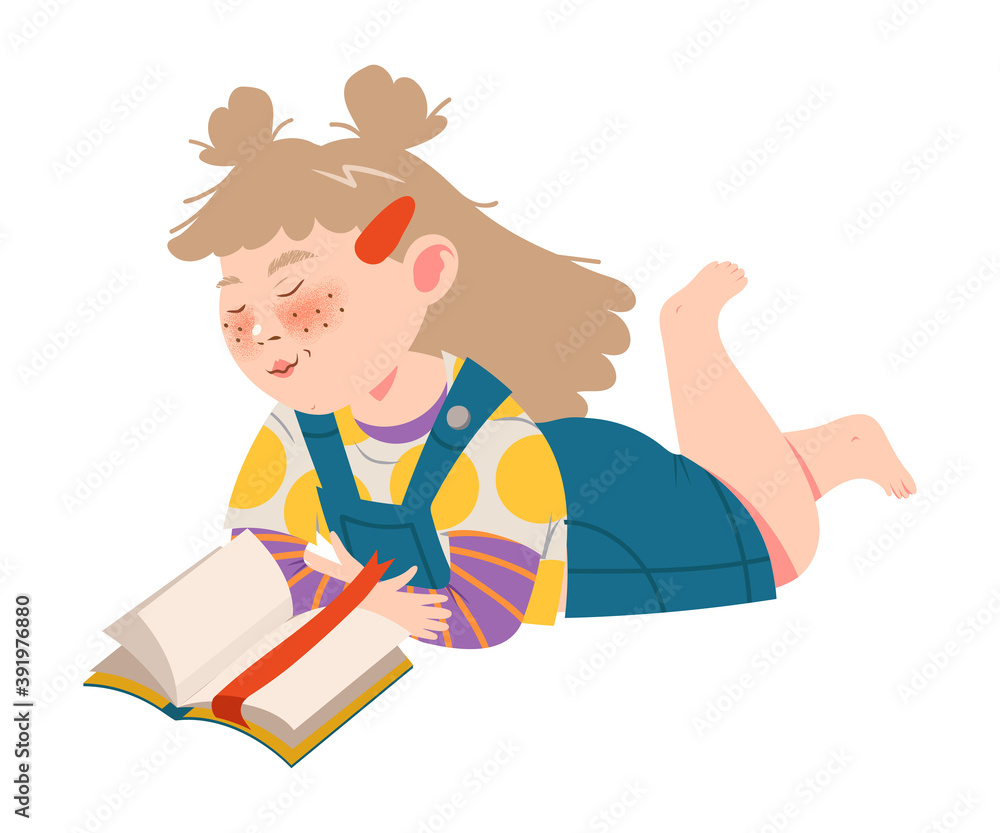Interested Girl Character Lying with Open Book and Reading Vector Illustration Interested Girl Character Lying with Open Book and Reading Vector Illustration