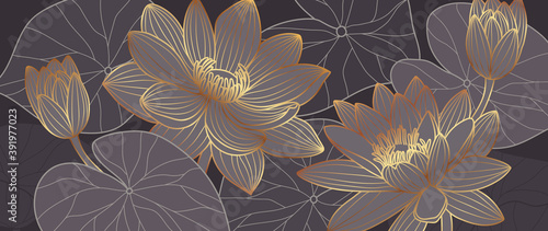 Luxurious background design with golden lotus. Lotus flowers line arts design for wallpaper, natural wall arts, banner, prints, invitation and packaging design. vector illustration.