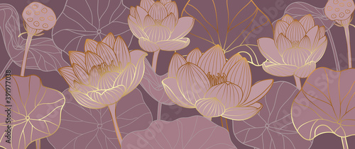 Luxurious background design with golden lotus. Lotus flowers line arts design for wallpaper, natural wall arts, banner, prints, invitation and packaging design. vector illustration.