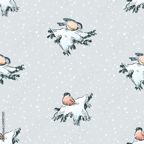 Seamless pattern of sketches bullfinches and titmouses on fir branches in winter forest