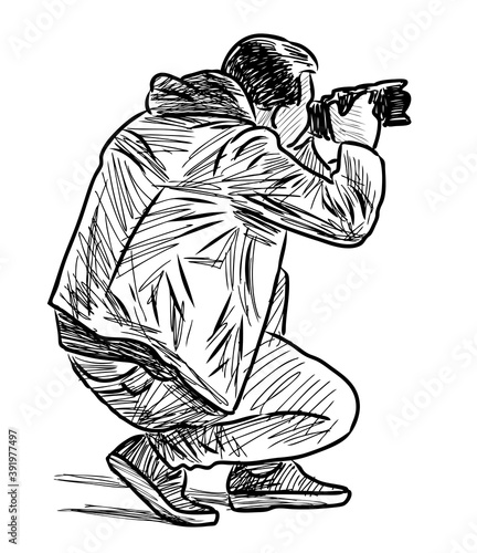 Sketch of man photographing at his camera