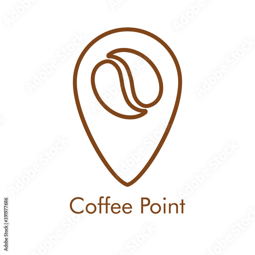 Logotipo lineal con texto Coffee Point con grano de café en puntero en color marrón