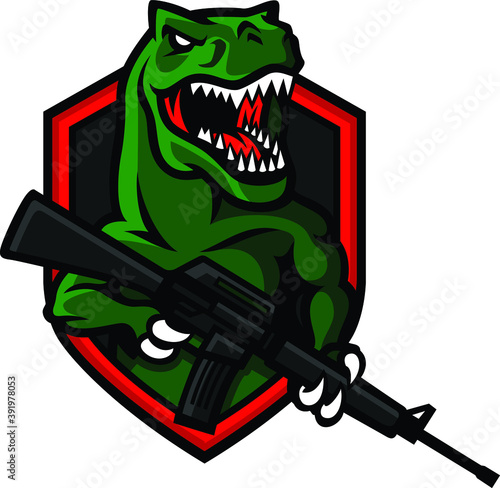 Aggressive Tyrannosaurus (T Rex) Holding M 16 Gun With Shield Background