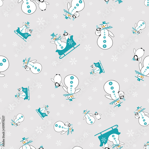 Snowman and baby penguin seamless vector pattern background. Pairs of snowmen and small penguins sledging on snowflake backdrop. Hand drawn cartoon character design. Funky winter scene all over print