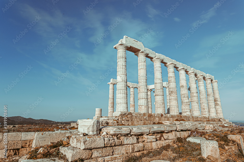 Temple of Poseidon, Greece cape Sunion. Ancient ruins and landmarks. Outdoor museums and sightseeing. Travel and country exploration.