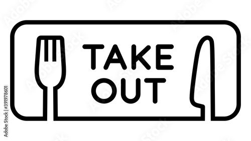 Fork and knife, rectangular takeout icon. black and white