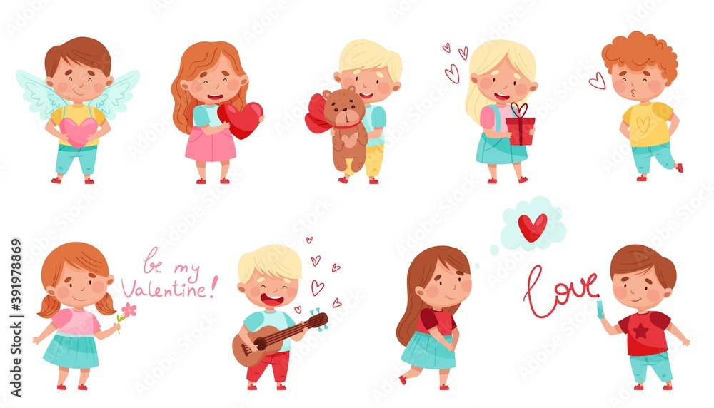 Flushed Boy and Girl Character Holding Love Heart and Dreaming Vector Illustration