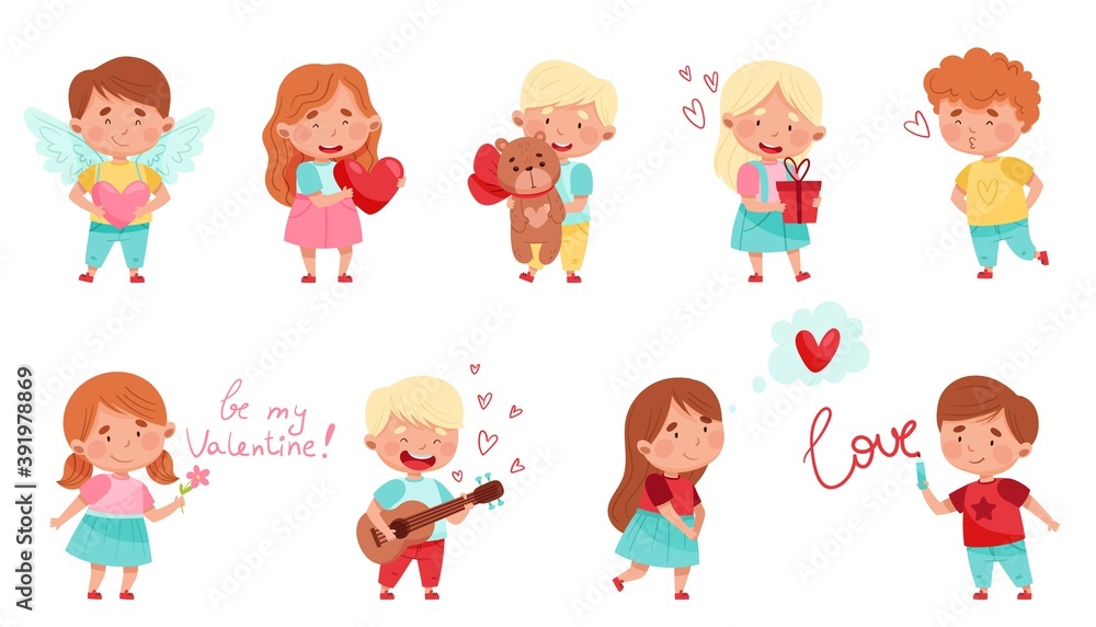 Flushed Boy and Girl Character Holding Love Heart and Dreaming Vector Illustration Flushed Boy and Girl Character Holding Love Heart and Dreaming Vector Illustration