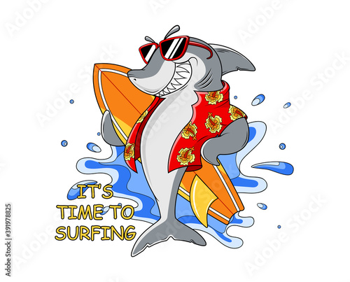 Cool shark with surfing board and water splashes for t-shirt prints, posters and other uses. 