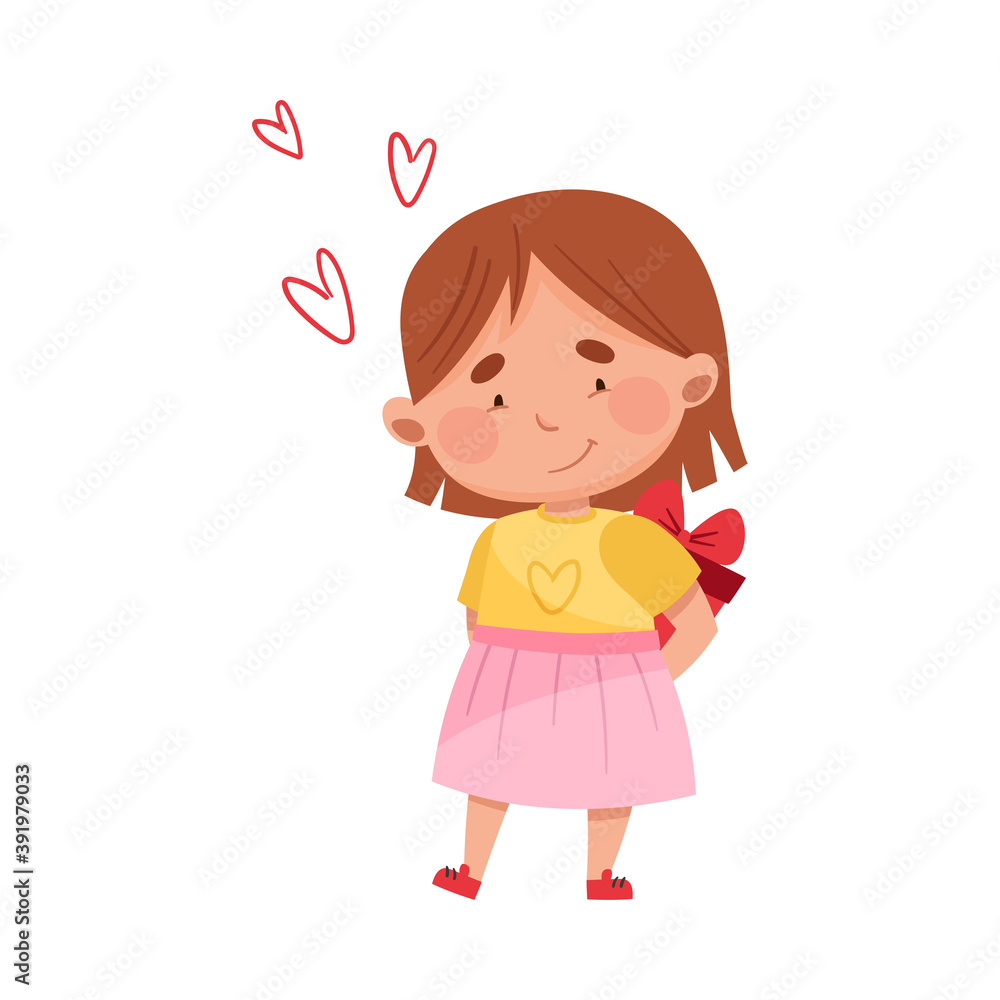 Flushed Girl Character Holding Gift Box Behind Her Back Vector Illustration Flushed Girl Character Holding Gift Box Behind Her Back Vector Illustration