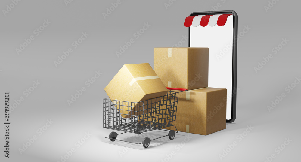 Paper cartons or parcel and a shopping cart. Online shopping store , 3d rendering