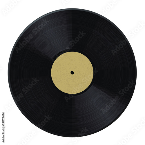 Vintage LP disc with empty yellow label for vinyl recorder, retro style music background