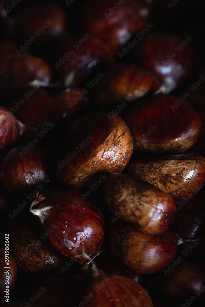 Ripe chestnuts close up. Raw chestnuts. Fresh sweet chestnut. Winter or Christmas background. Ripe chestnuts close up. Raw chestnuts. Fresh sweet chestnut. Winter or Christmas background.